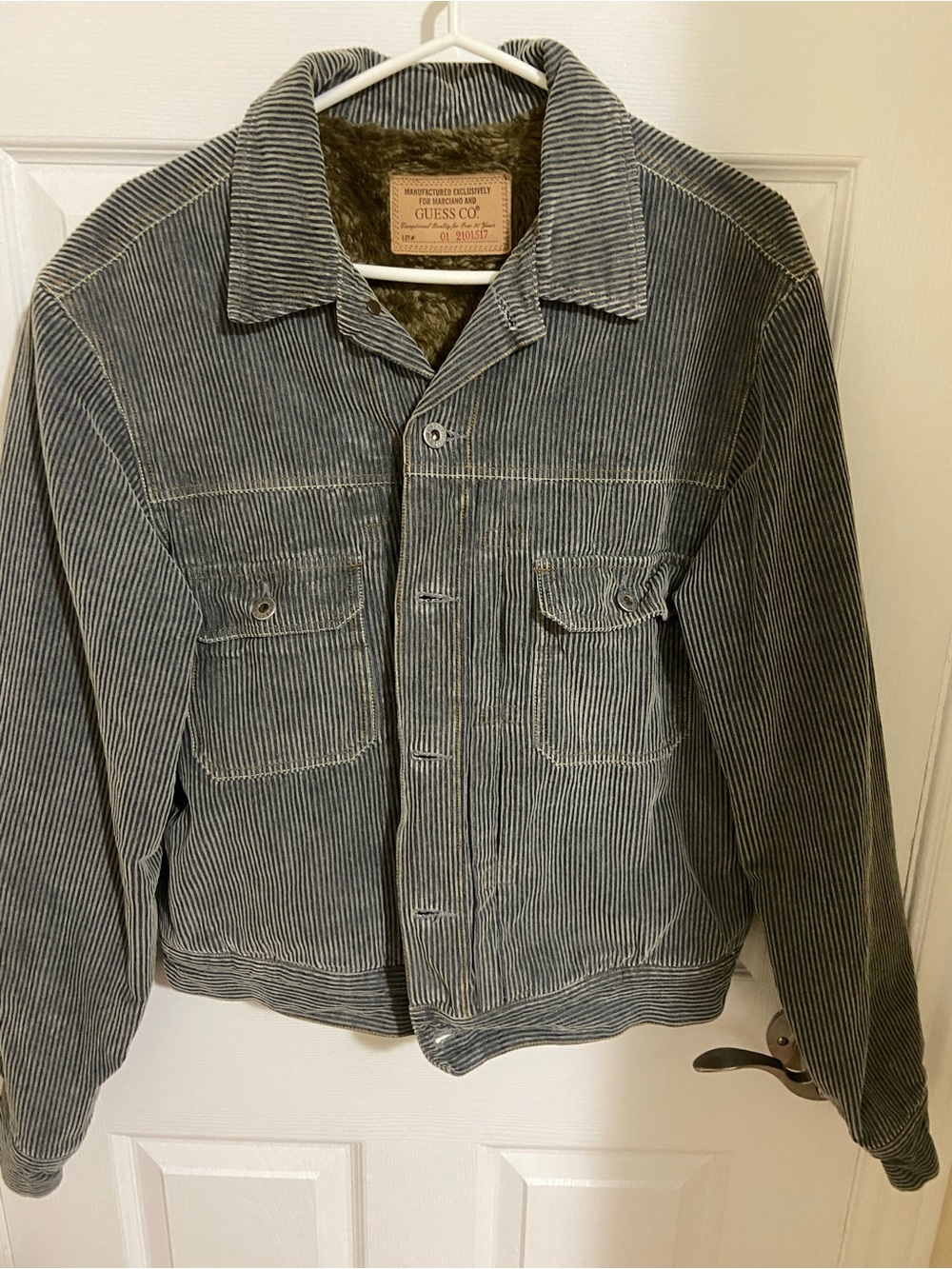 Guess Men’s Blue-Gray Striped Corduroy Jacket with Sherpa Lining